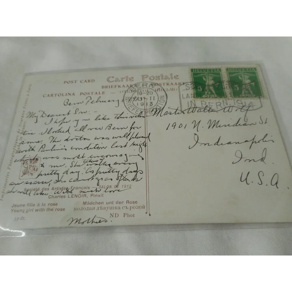 Vintage Postcard 1913 posted w/ stamp Bern Switzerland Young girl with rose